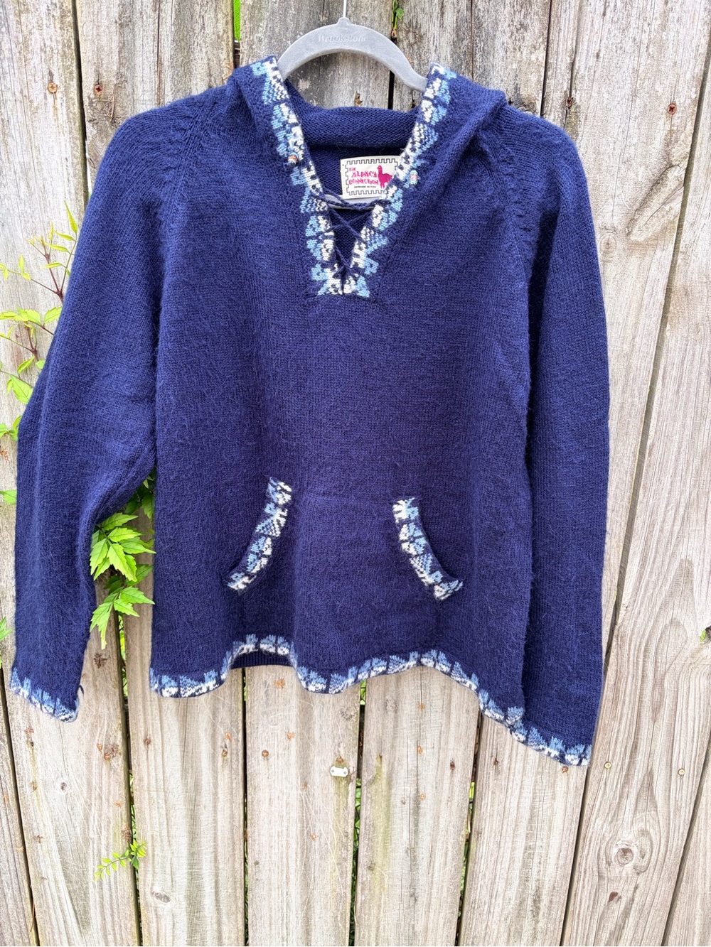 100% Alpaca Wool Navy Sweater with Patterned Trim